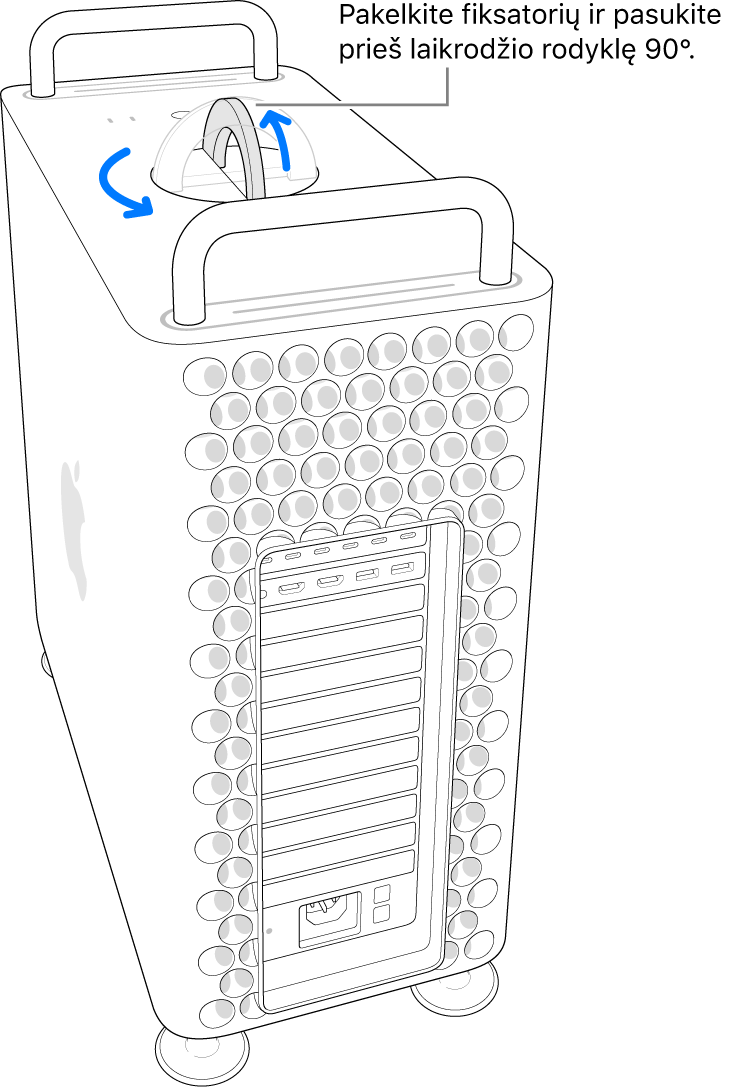 Pirmas veiksmas, kuriuo nuimamas kompiuterio korpusas, pakeliant skląstį ir pasukant jį 90 laipsnių.