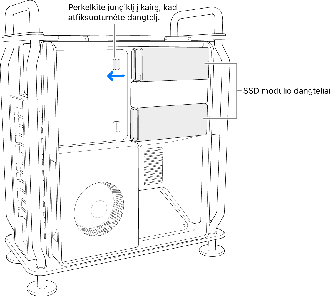 Perjungiklis pastumiamas į kairę, kad atsirakintų DIMM dangtis.