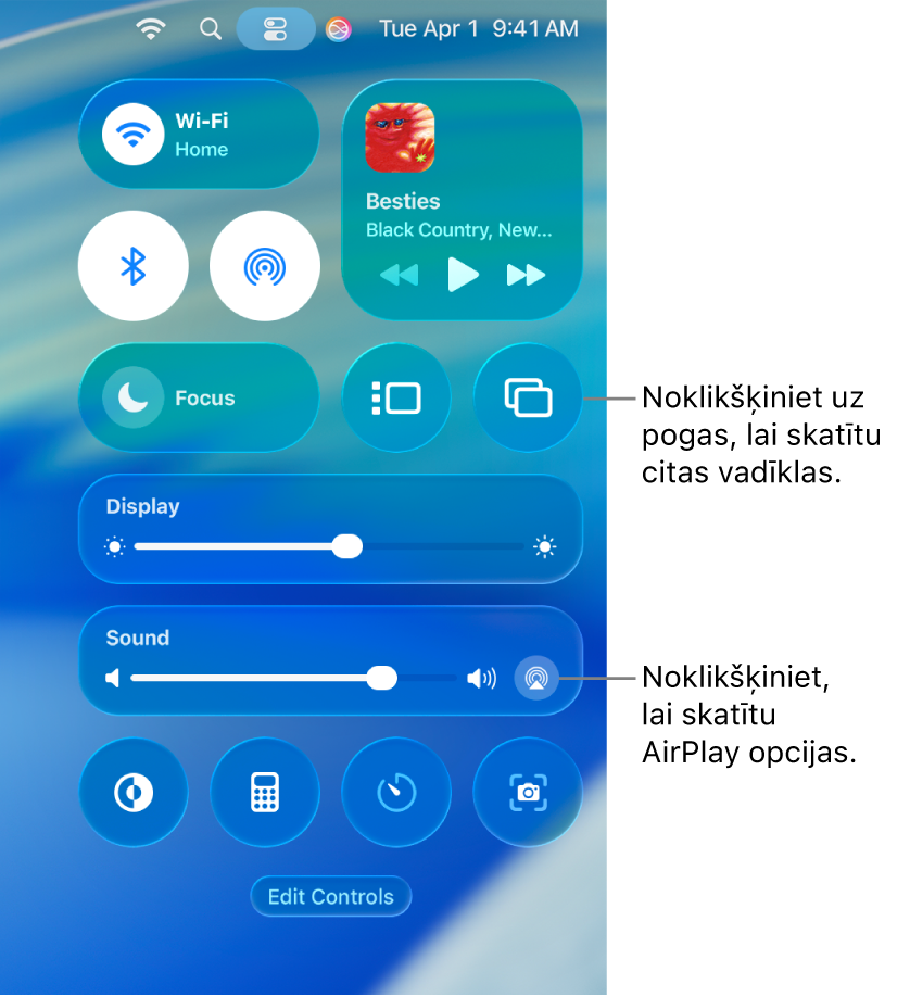 Tuvināts izvēlnes Control Center skats Mac datorā.