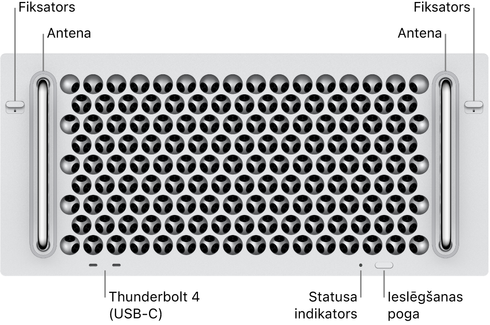 Mac Pro datora priekšpuse, kur redzami divi fiksatori, divas antenas, strāvas poga, statusa indikators un divi Thunderbolt 4 (USB-C) porti.