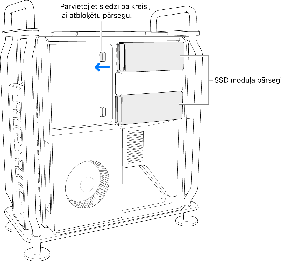 Slēdzis tiek pārvietots pa kreisi, lai atbloķētu SSD pārsegu.