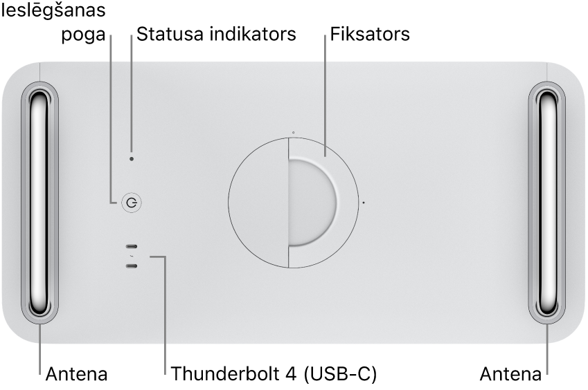 Mac Pro datora augšdaļa ar strāvas pogu, statusa indikatoru, fiksatoru, diviem Thunderbolt 4 (USB-C) portiem un divām antenām — viena atrodas pa kreisi, bet otra — pa labi.