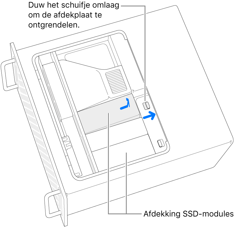 Het naar rechts schuiven van het schuifje om de SSD-afdekking te ontgrendelen.