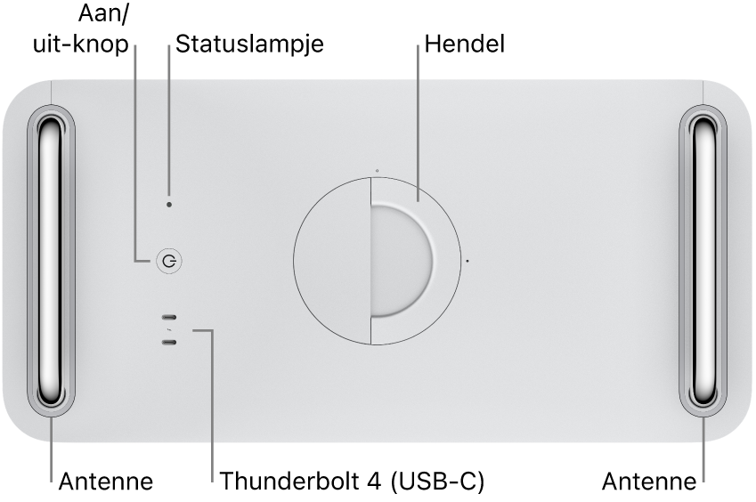Bovenaanzicht van de Mac Pro met de aan/uit-knop, statuslampje, hendel, twee Thunderbolt 4-poorten (USB‑C) en twee antennes (één aan de linkerkant en één aan de rechterkant).