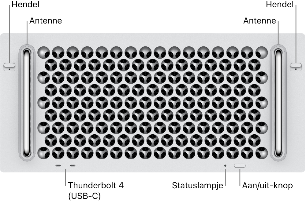Voorkant van de Mac Pro, met twee hendels, twee antennes, aan/uit-knop, statuslampje en twee Thunderbolt 4-poorten (USB‑C).
