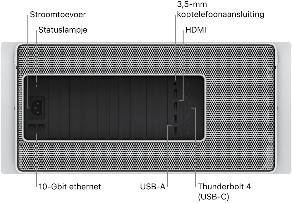Achteraanzicht van de Mac Pro, met de netsnoeraansluiting, een statuslampje, 3,5-mm koptelefoonaansluiting, twee HDMI-poorten, zes Thunderbolt 4-poorten (USB‑C), twee USB‑A-poorten en twee 10-Gbit ethernetpoorten.
