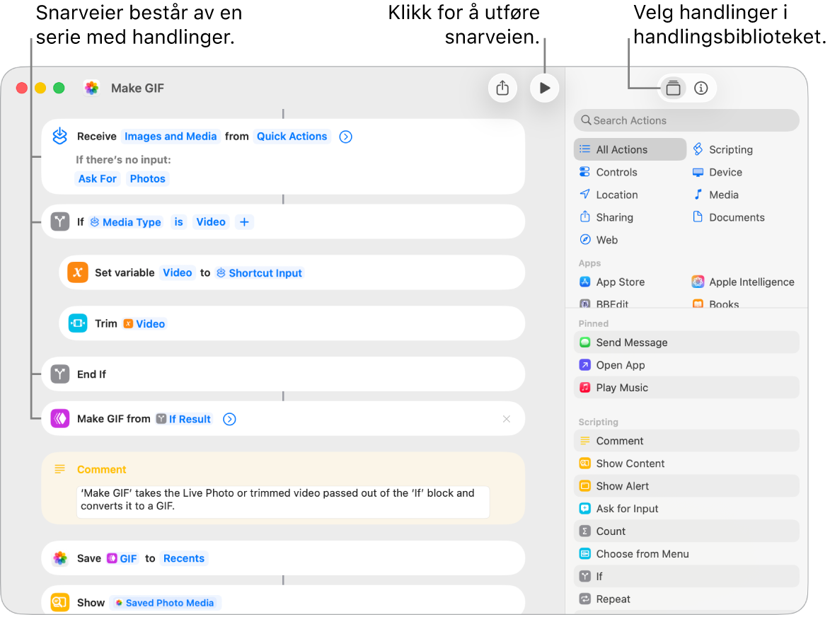 Snarveisredigereren til venstre viser handlingene i Lag GIF-bilde-snarveien.