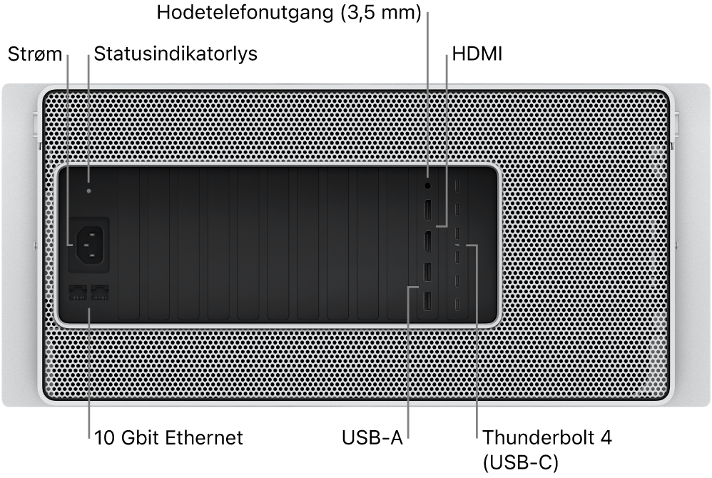 Baksiden av Mac Pro, som viser strømporten, et statuslys, 3,5 mm hodetelefonutgang, to HDMI-porter, seks Thunderbolt 4-porter (USB-C), to USB-A-porter og to 10 Gigabit Ethernet-porter.