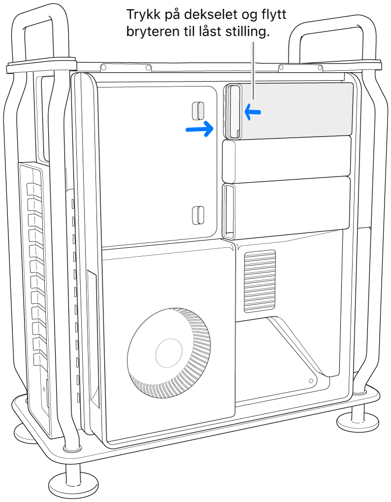 SSD-dekslene settes tilbake på plass ved å skyve låsebryteren mot høyre og trykke ned på SSD-dekselet.