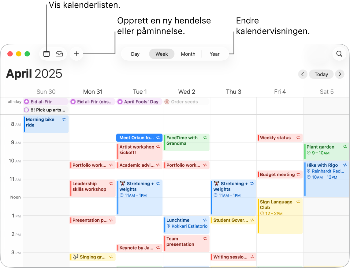 Et Kalender-vindu som viser alle hendelser og påminnelser for uken. Piler peker på knappene som viser kalenderlisten, oppretter en hendelse eller påminnelser og endrer visningen til dag, uke, måned eller år.