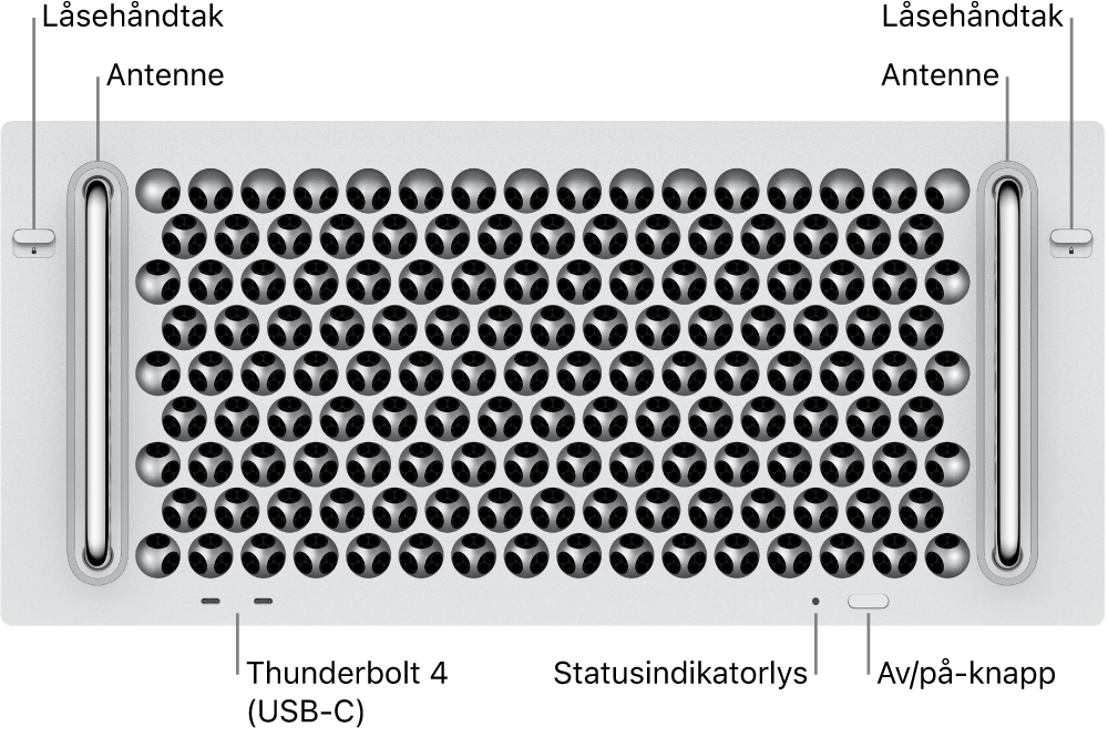 Forsiden av Mac Pro viser to spaker, to antenner, av/på-knapp, statuslys og to Thunderbolt 4-porter (USB-C).
