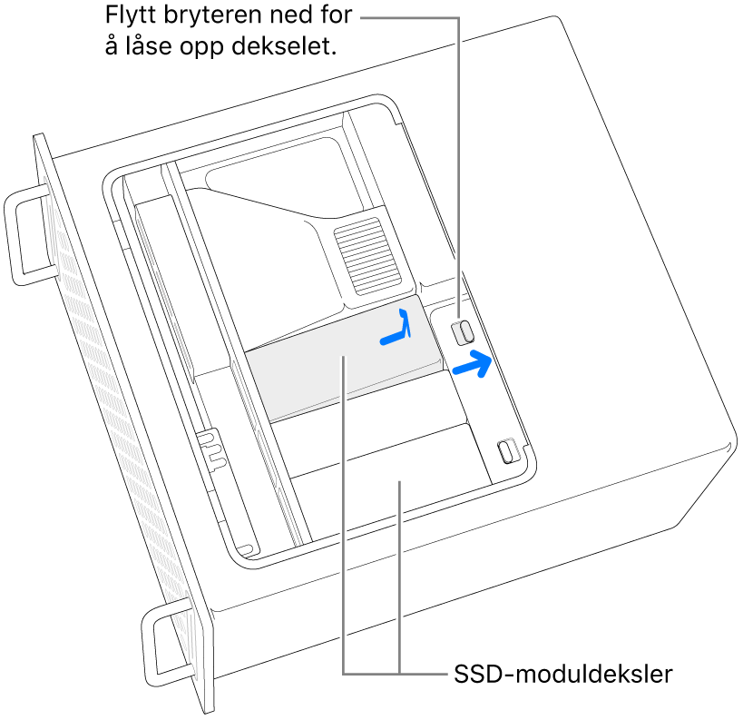 Bryteren flyttes mot høyre for å låse opp SSD-dekselet.