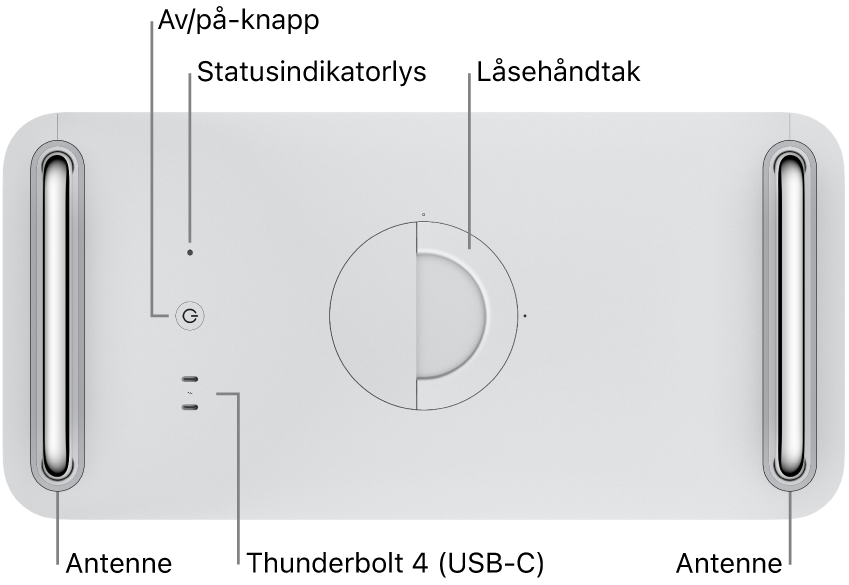 Oversiden av Mac Pro, som viser av/på-knappen, statuslyset, låsehåndtaket, to Thunderbolt 4-porter (USB-C) og to antenner – en på venstre side og en på høyre side.