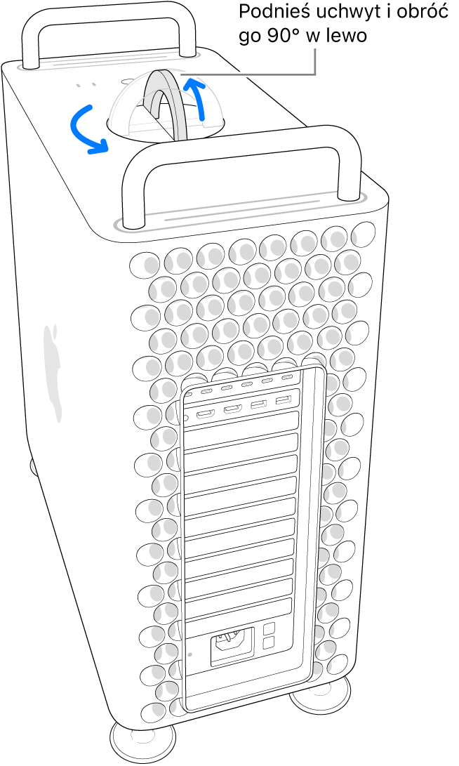 Pierwszy krok polega na zdjęciu obudowy komputera przez podniesienie uchwytu i obrócenie go o 90 stopni.