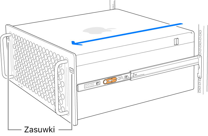 Mac Pro oparty na szynach zamocowanych do szafy serwerowej.