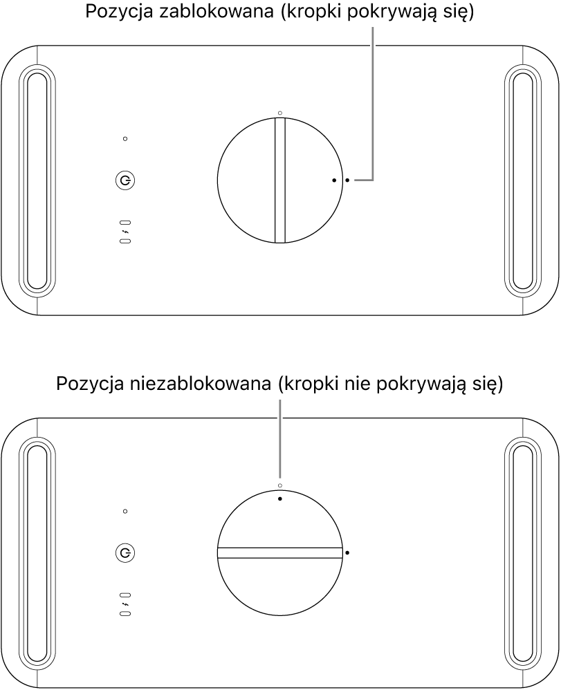 Widok górnej części komputera wraz z uchwytem w pozycji zablokowanej oraz odblokowanej.