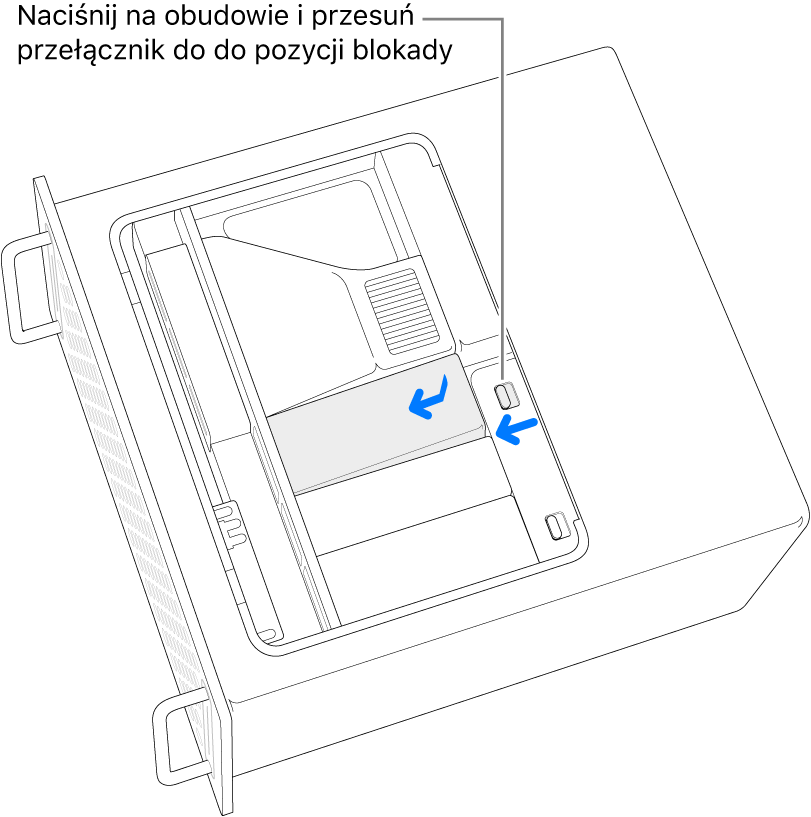Montowanie osłony modułów SSD przez przesunięcie przełącznika blokady w lewo i naciśnięcie osłony modułów SSD.