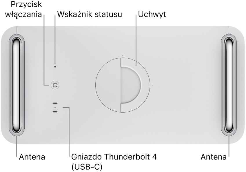 Widok Maca Pro z góry, na którym widać przycisk zasilania, lampkę wskaźnika statusu, zatrzask, dwa gniazda Thunderbolt 4 (USB-C) oraz dwie anteny, jedna po lewej, druga po prawej stronie.