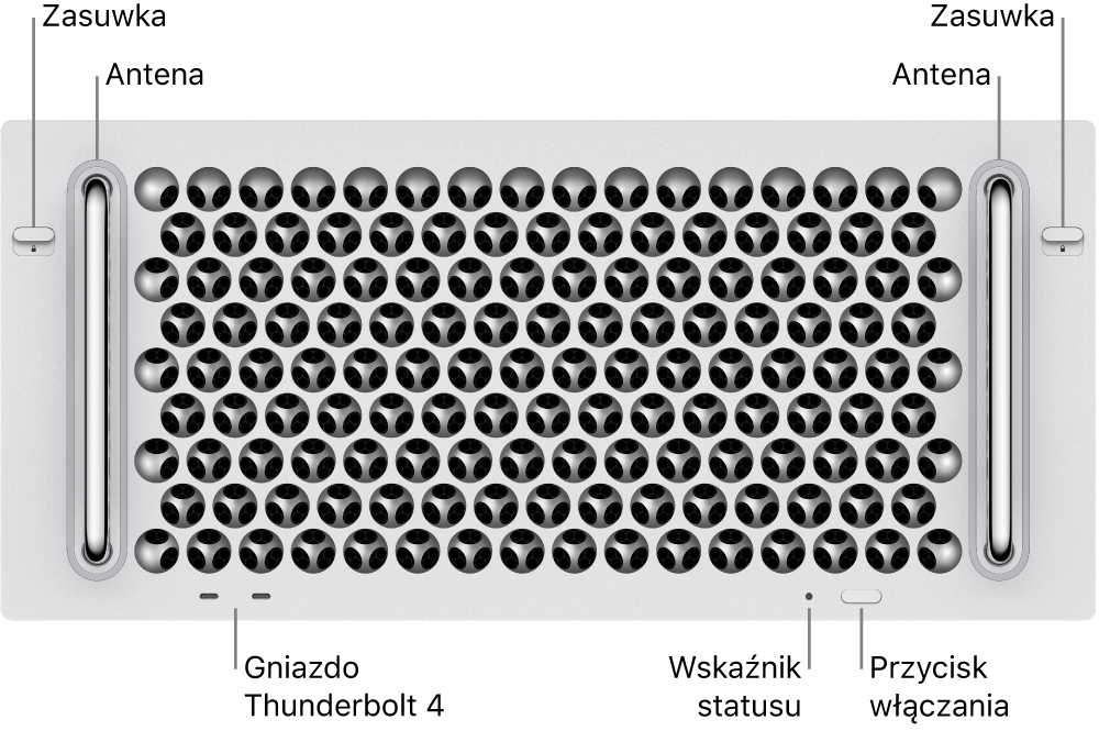Widok Maca Pro z przodu, na którym widać dwa zatrzaski, dwie anteny, przycisk zasilania, lampkę wskaźnika statusu i dwa gniazda Thunderbolt 4 (USB-C).
