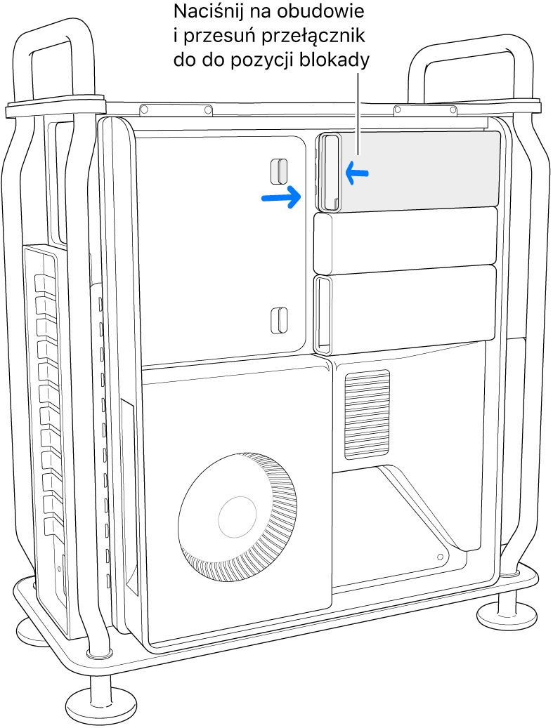 Montowanie osłony modułów SSD przez przesunięcie przełącznika blokady w prawo i naciśnięcie osłony modułów SSD.