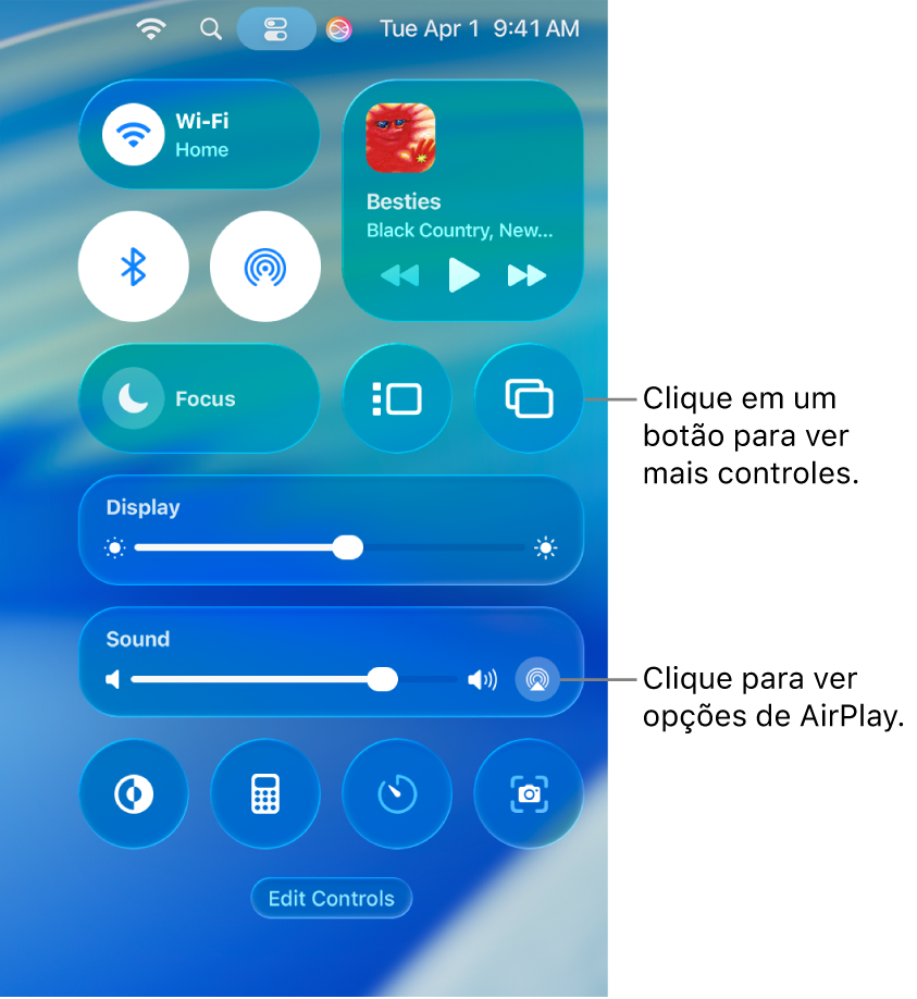 Visualização ampliada da Central de Controle no Mac.