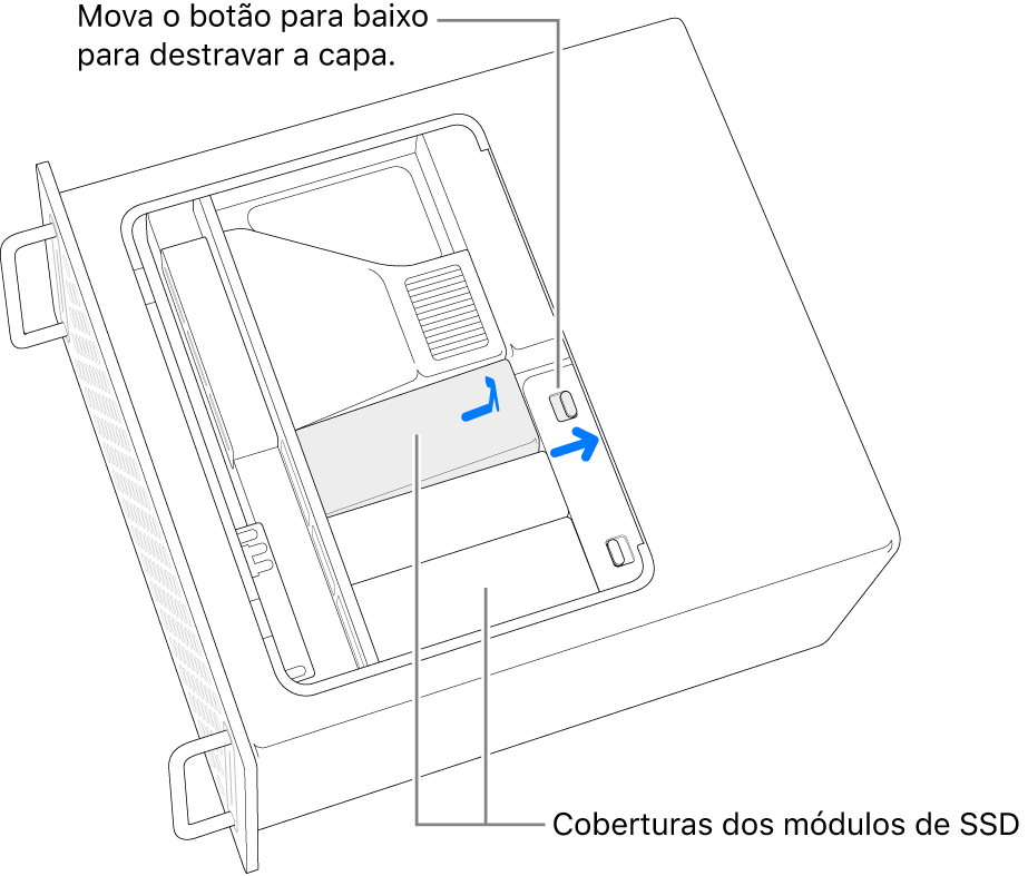 A trava está sendo movida para a direita para desbloquear a capa do SSD.
