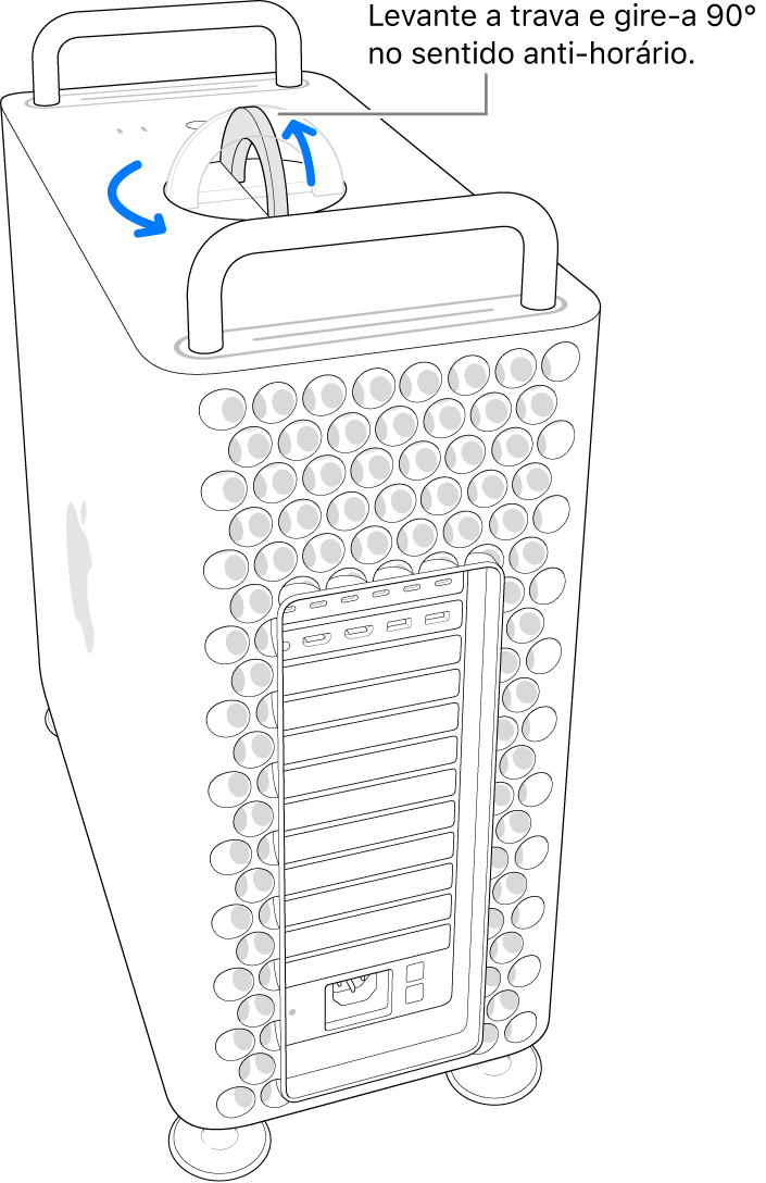 Primeiro passo para remover o gabinete do computador: levantar a trava e girá-la em 90 graus.