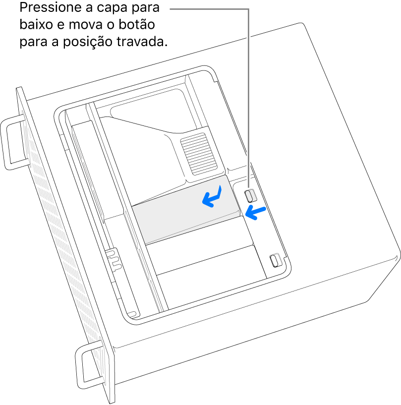 Reinstalação das capas do SSD, movendo o controle da trava para a esquerda e pressionando a capa do SSD para baixo.