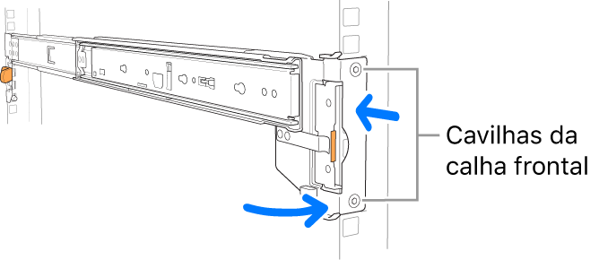 Calha de montagem a ilustrar o local das cavilhas da calha frontal.