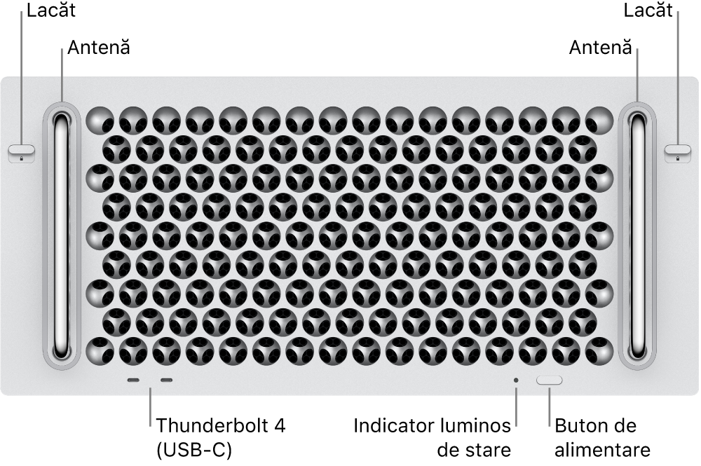 Partea din față a Mac Pro-ului afișând două lacăte, două antene, butonul de alimentare, indicator luminos de stare și două porturi Thunderbolt 4 (USB-C).