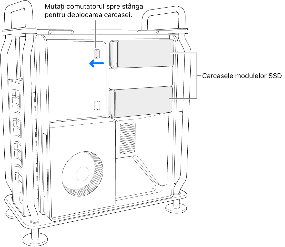 Comutatorul este mutat la stânga pentru deblocarea carcasei SSD.