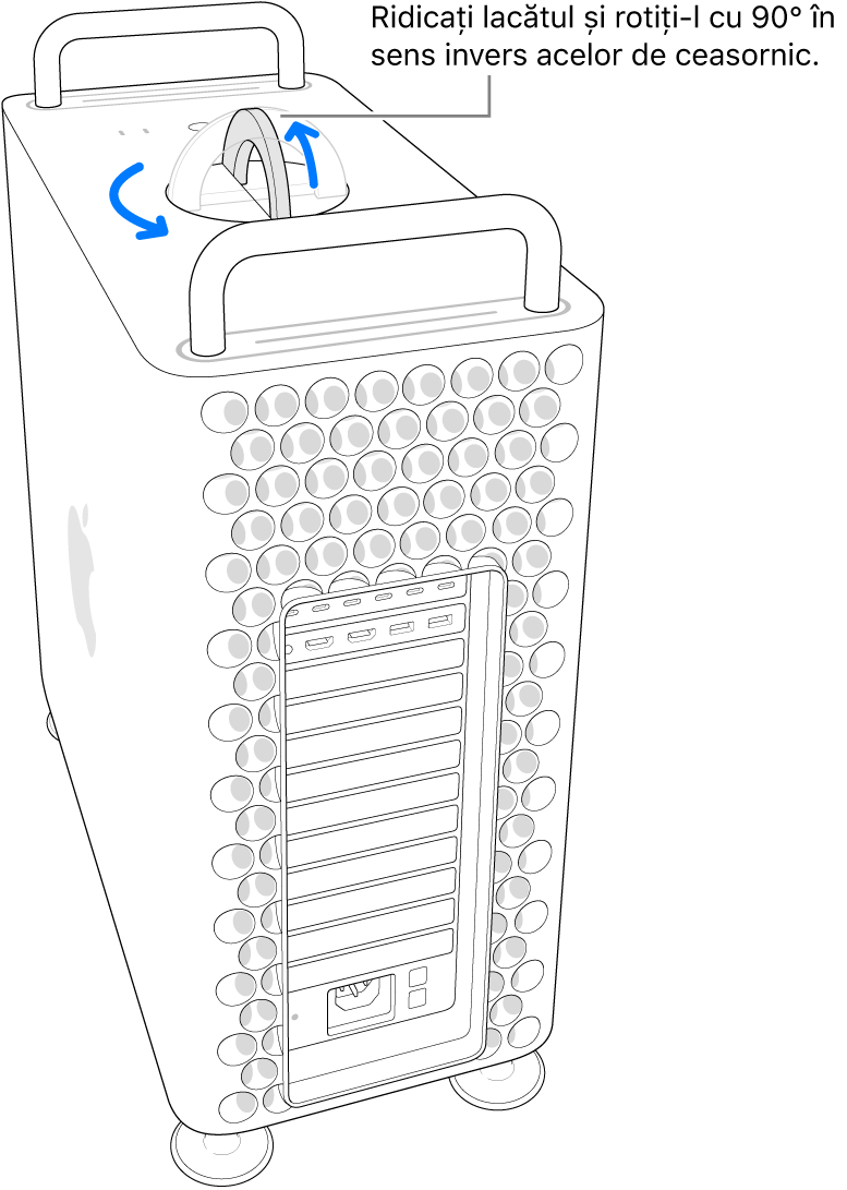 Primul pas pentru scoaterea carcasei computerului prin ridicarea lacătului și rotirea lui la 90 de grade.