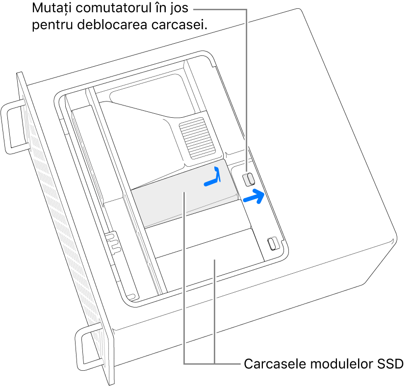 Comutatorul este mutat la dreapta pentru deblocarea carcasei SSD.