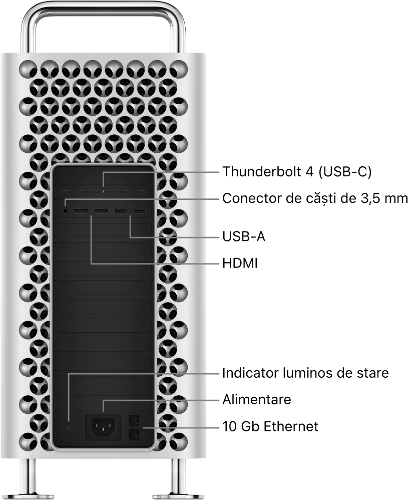 Partea laterală a unui Mac Pro afișând șase porturi Thunderbolt 4 (USB-C), mufa de 3,5 mm pentru căști, două porturi USB-A, două porturi HDMI, un indicator luminos de stare, un port de alimentare și două porturi 10 Gigabit Ethernet.