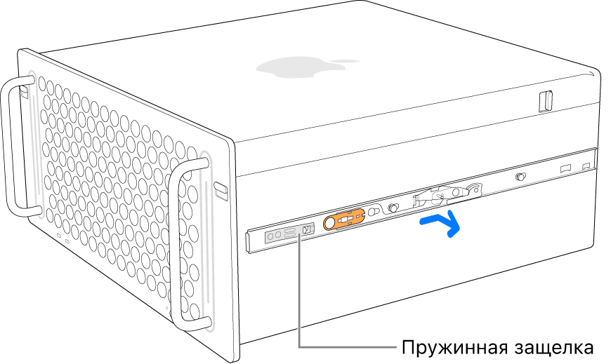 Открепление рельсы от боковой стороны Mac Pro.