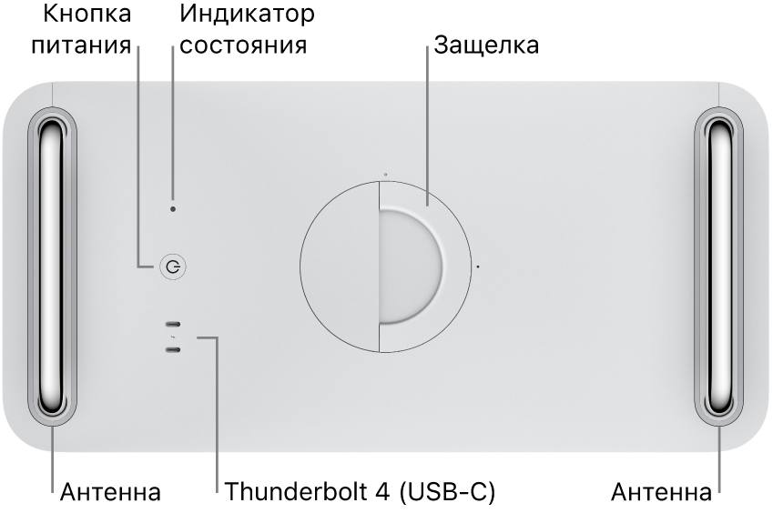 Вид сверху на Mac Pro. Показаны кнопка питания, индикатор состояния, защелка, два порта Thunderbolt 4 (USB-C) и две антенны (одна с левой и одна с правой стороны).