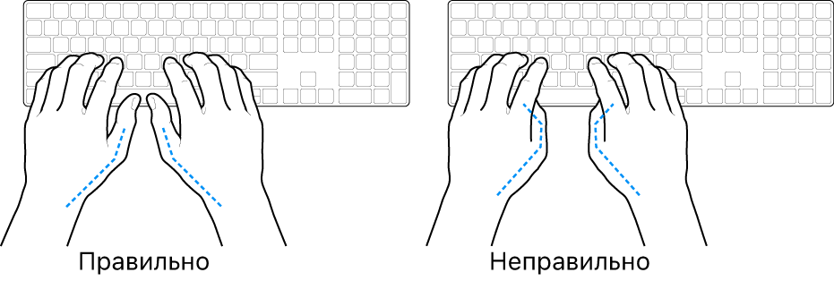 Руки над клавиатурой. Показано правильное и неправильное положение большого пальца.