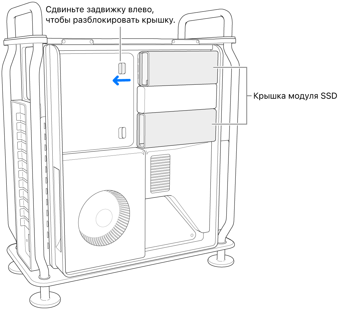 Фиксатор сдвигается влево для разблокировки крышки модуля SSD.
