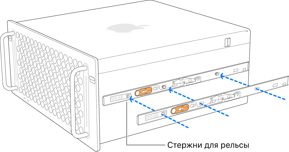 Mac Pro, к боковой стороне которого прикреплена внутренняя часть рельсы.