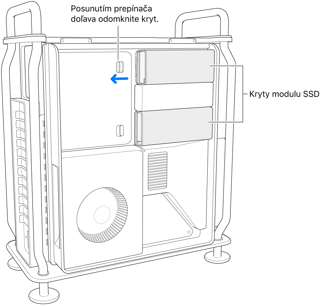 Prepínač je posunutý doľava, aby sa odomkol kryt SSD.
