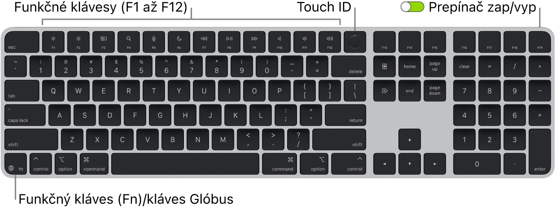 Klávesnica Magic Keyboard s Touch ID a numerickou klávesnicou, na ktorej je vidieť rad funkčných klávesov a senzor Touch ID v hornej časti a funkčný kláves (Fn)/kláves so zemeguľou vľavo dole.