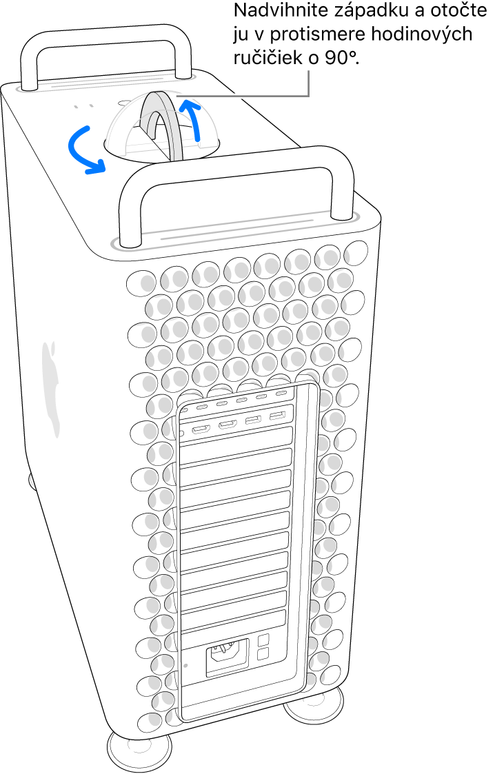 Ako prvý krok na odstránenie skrinky počítača je potrebné nadvihnúť západku a otočiť ju o 90°.