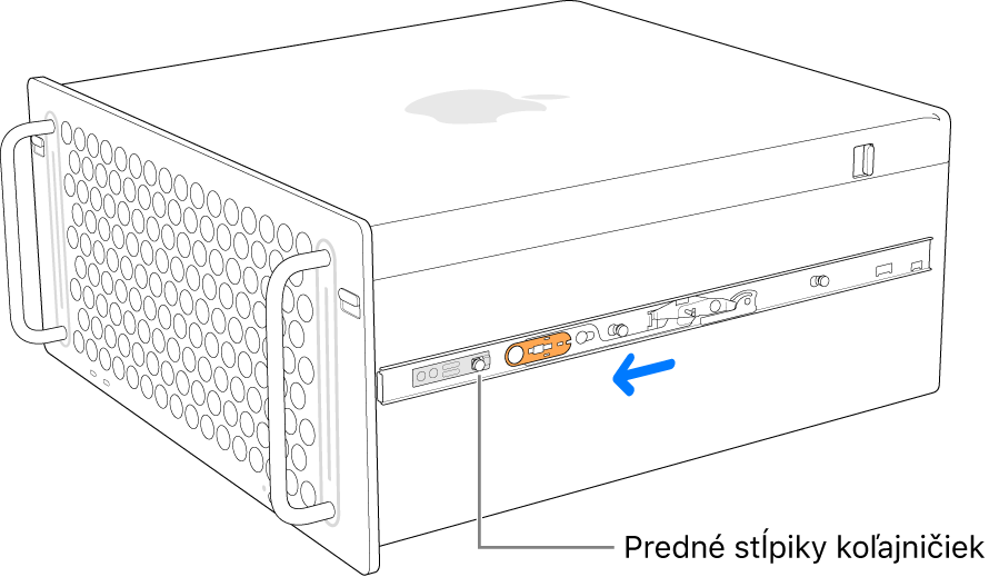 Mac Pro s koľajničkou vysunutou dopredu a uzamknutou na mieste.