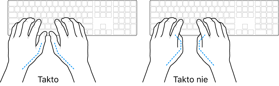 Ruky položené na klávesnici znázorňujúce správnu a nesprávnu polohu palcov.