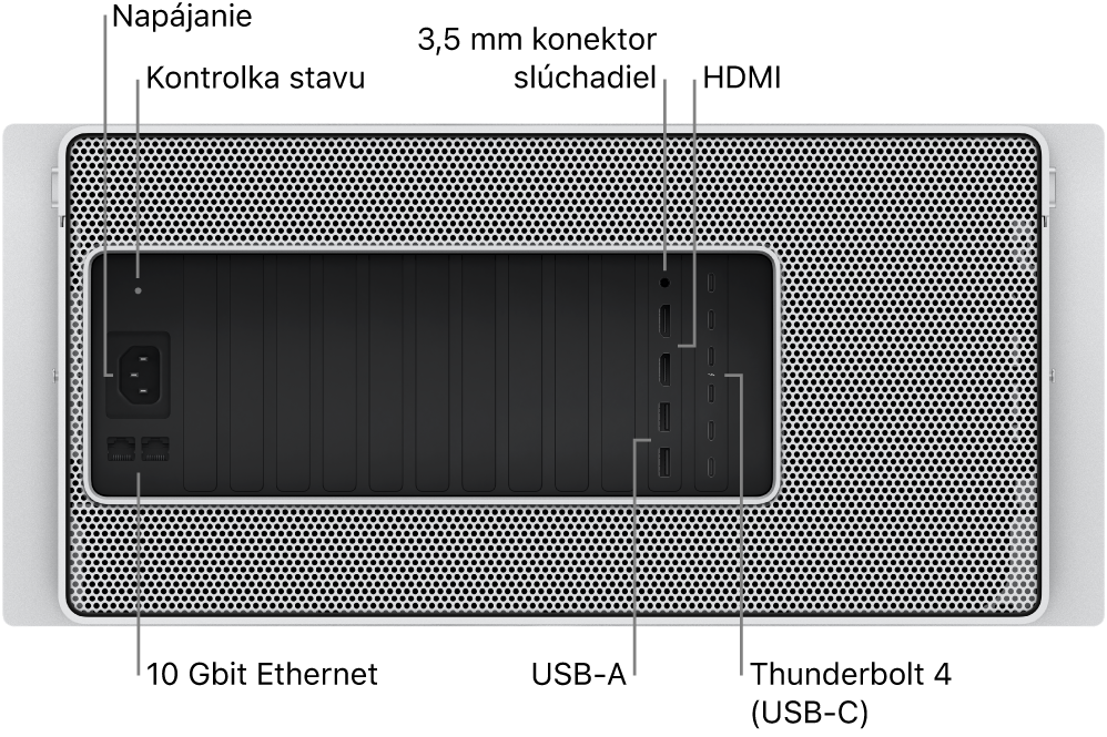 Pohľad zozadu na Mac Pro zobrazujúci port napájania, svetelný indikátor stavu, konektor na slúchadlá s rozmerom 3,5 mm, dva HDMI porty, šesť Thunderbolt 4 (USB-C) portov, dva USB-A porty a dva 10 Gbit ethernetové porty.