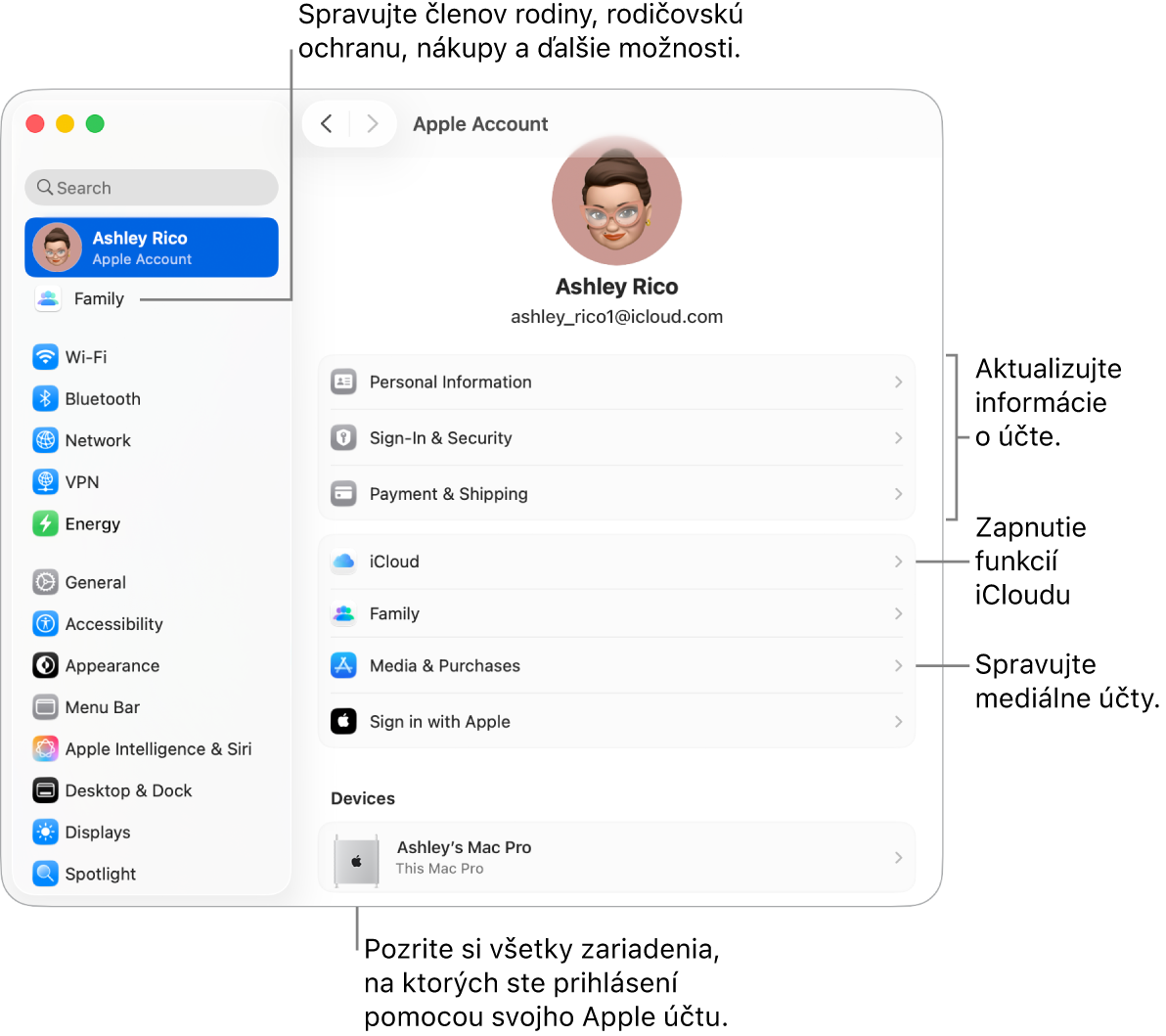 Nastavenia Apple účet v Systémových nastaveniach s popismi na aktualizáciu informácií o účte, zapnutie alebo vypnutie funkcií iCloudu, správu mediálnych účtov a položku Rodina, kde môžete spravovať členov rodiny, rodičovskú ochranu, nákupy a ďalšie možnosti.