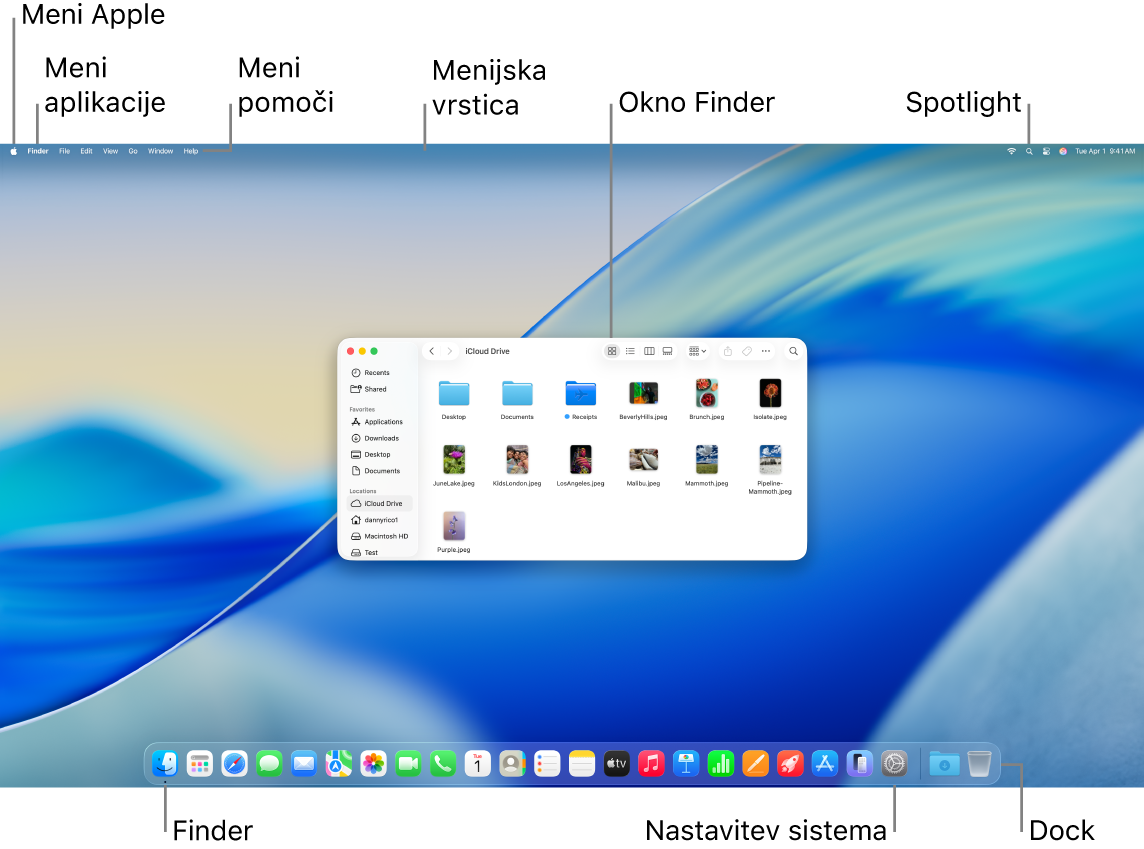 Zaslon Mac s prikazom menija Apple, menija z aplikacijami, menija Pomoč, menijske vrstice, okna Finder, ikone Spotlight, ikone Finder, ikone Nastavitve sistema in vrstice Dock.