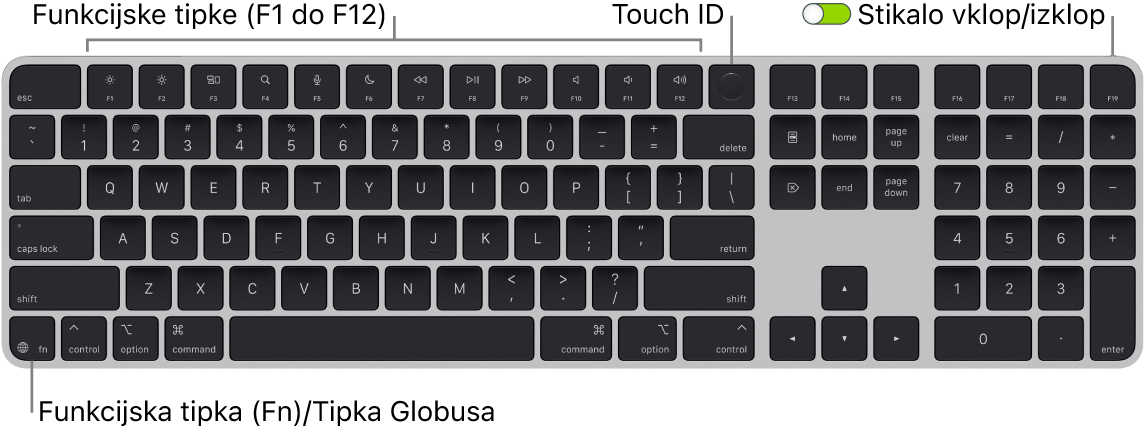 Tipkovnica Magic Keyboard s funkcijo Touch ID in številsko tipkovnico, ki prikazuje vrstico funkcijskih tipk in Touch ID-jem na vrhu, ter funkcijsko tipko (Fn)/globus spodaj levo.