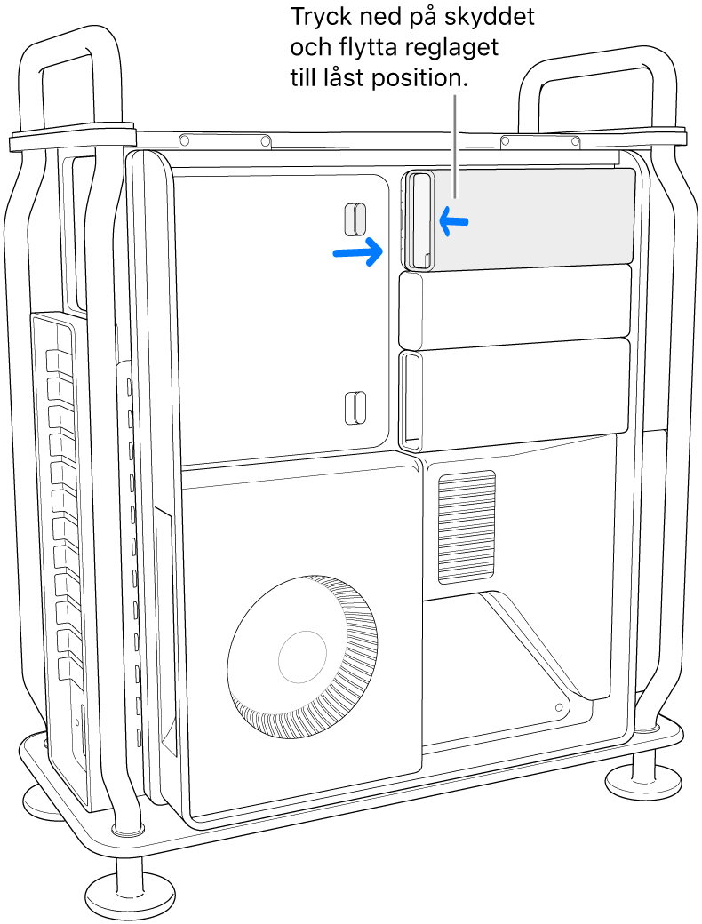 SSD-skydden installeras igen genom att flytta låsreglaget åt höger och trycka ned på SSD-skyddet.