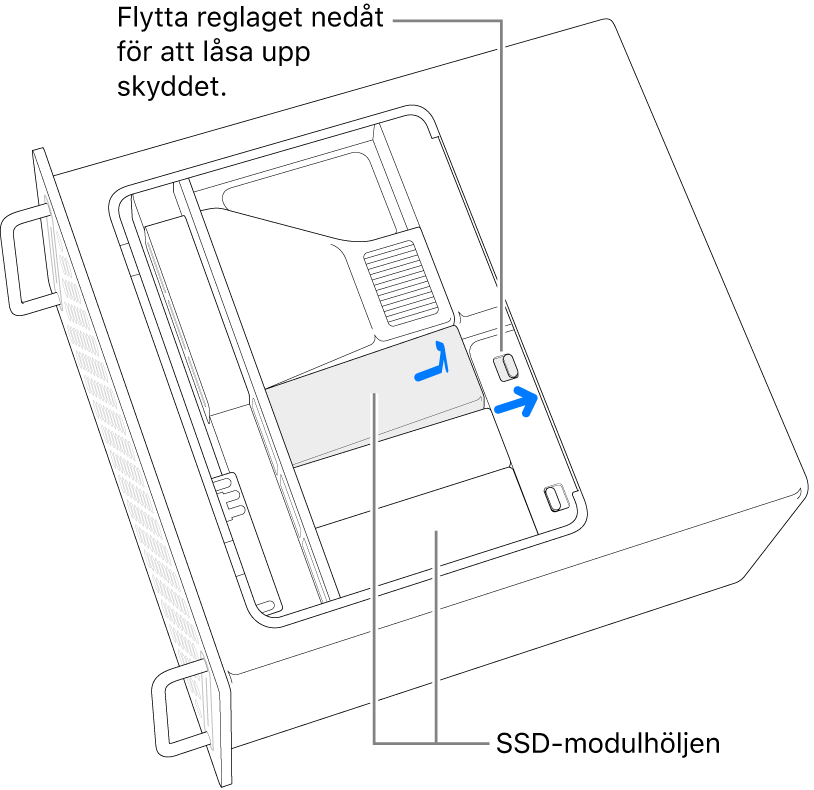 Reglaget flyttas åt höger så att SSD-skyddet låses upp.